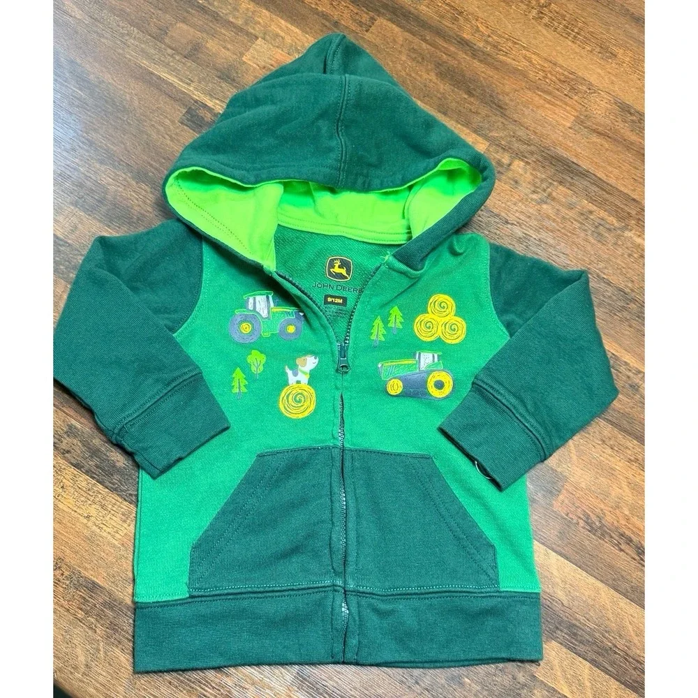 John Deere zip up hooded sweatshirt.  Size 9/12 months. Tractors farm boy